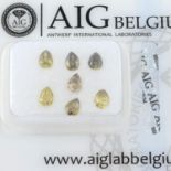 Seven pear shape fancy coloured diamonds, weighing 1.11ct. Within AIG security seal