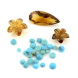 Selection of turquoise, two pear shape and three carved citrines, weighing 117.66ct.