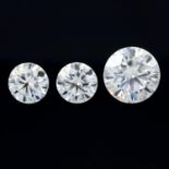 Three circular shape synthetic moissanites, weighing 7.83ct