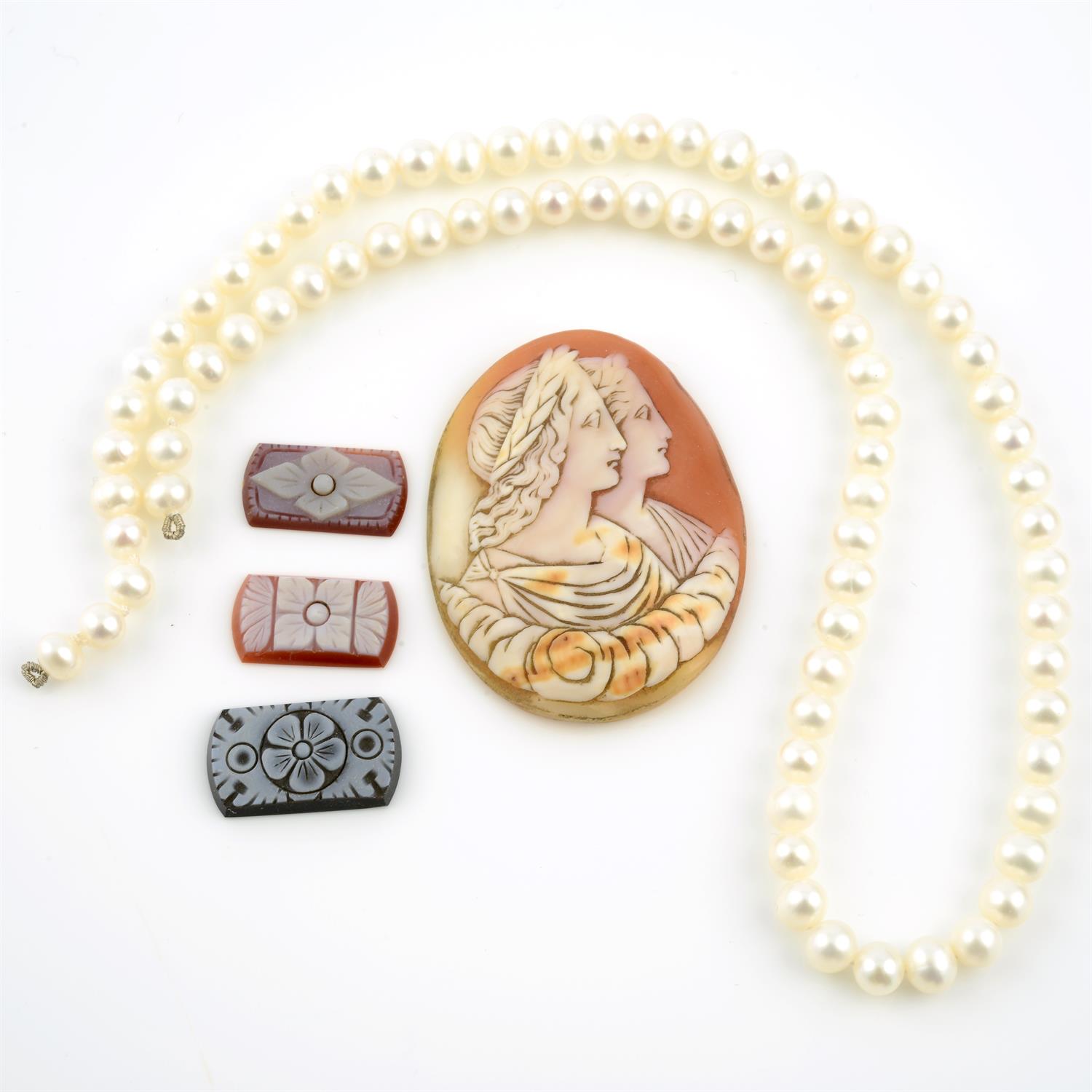 Selection of cameos, coral and cultured pearls, gross weight 330.6grams
