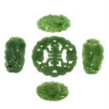 Ten pieces of carved jade featuring chinese characters and floral subjects, weighing 74grams