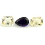 Two rectangular shape citrines and a pear shape amethyst, weighing 25.2ct