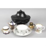 A box of assorted items to include oriental tray, Liberty pewter water pot, ebonised wooden box and