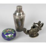 A plated cocktail shaker, cloisonné items and a bronze oil lamp.