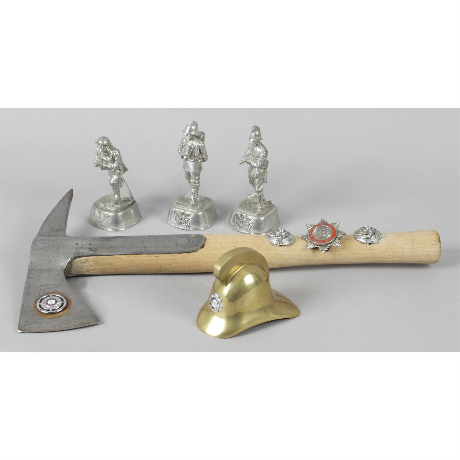 A collection of assorted items, to include a Morris and Sons fire engineers axe, a novelty brass