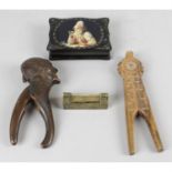 A selection of items to include mother of pearl counters, nut crackers, Oriental brass locks,