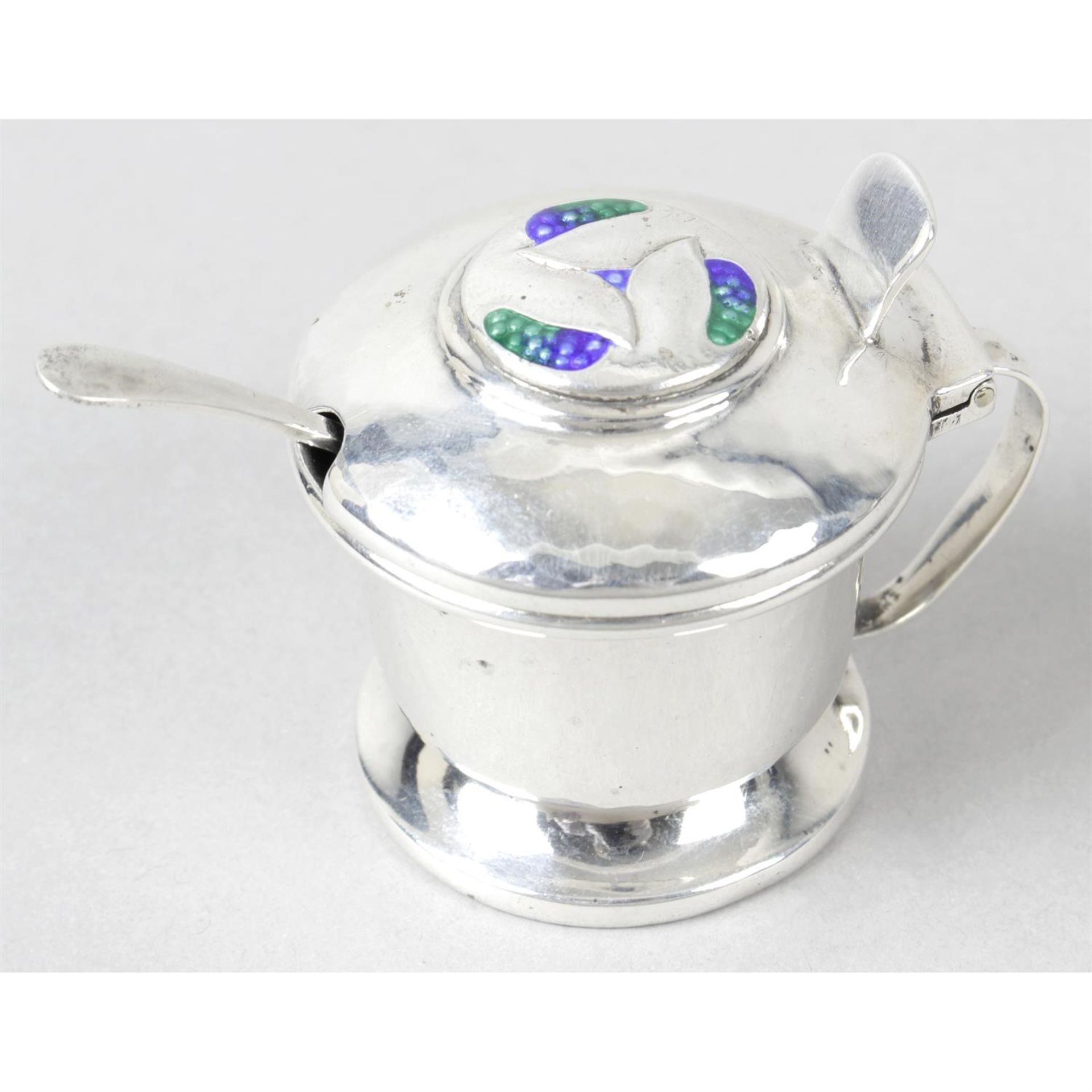 A Liberty & Co silver & enamel mustard pot & spoon.