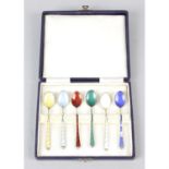 Cased sterling silver & enamel coffee spoons, and cased floral coffee spoons, together with five