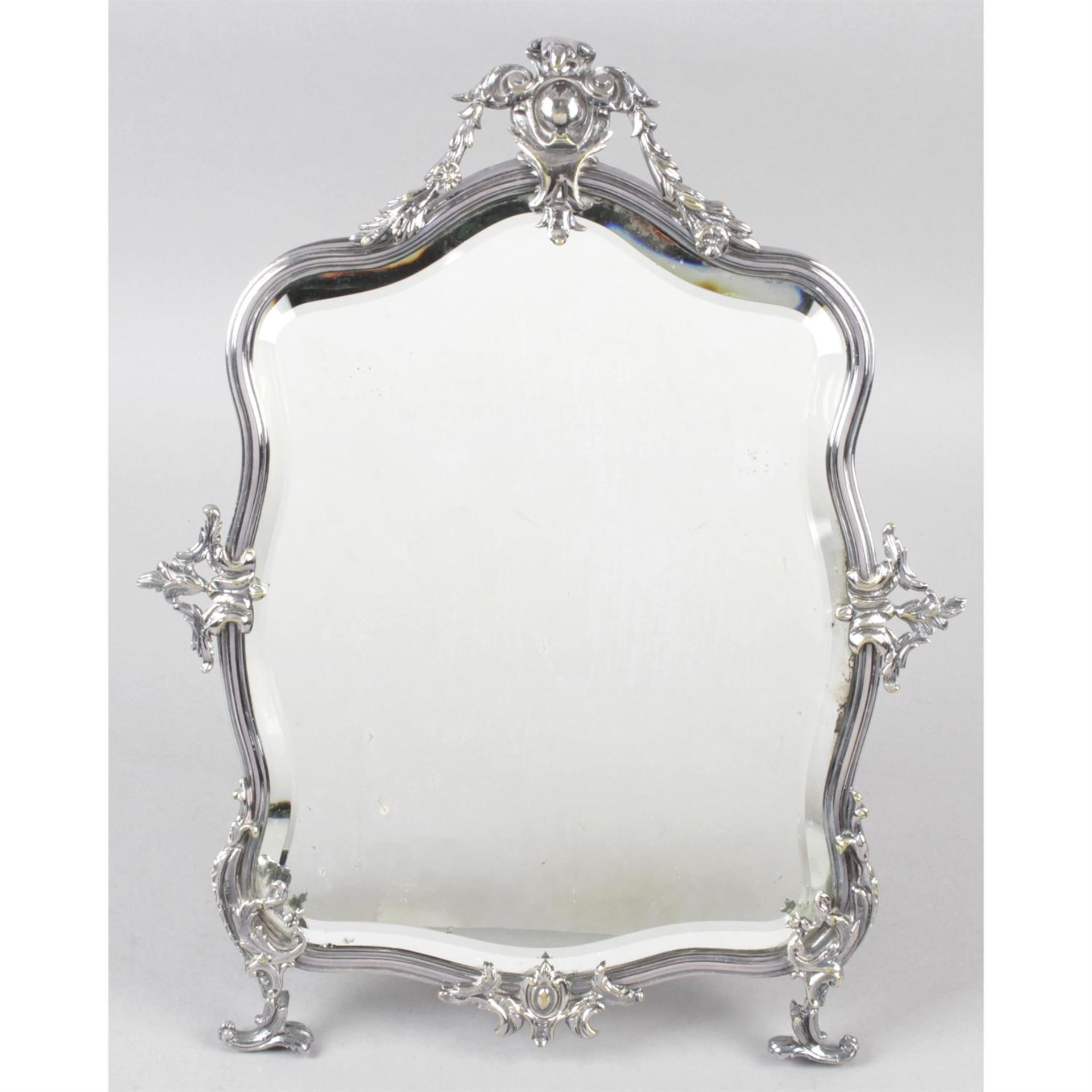 A 1920's silver mounted and mother-of-pearl dressing table set, together with a plated easel-back - Image 3 of 3