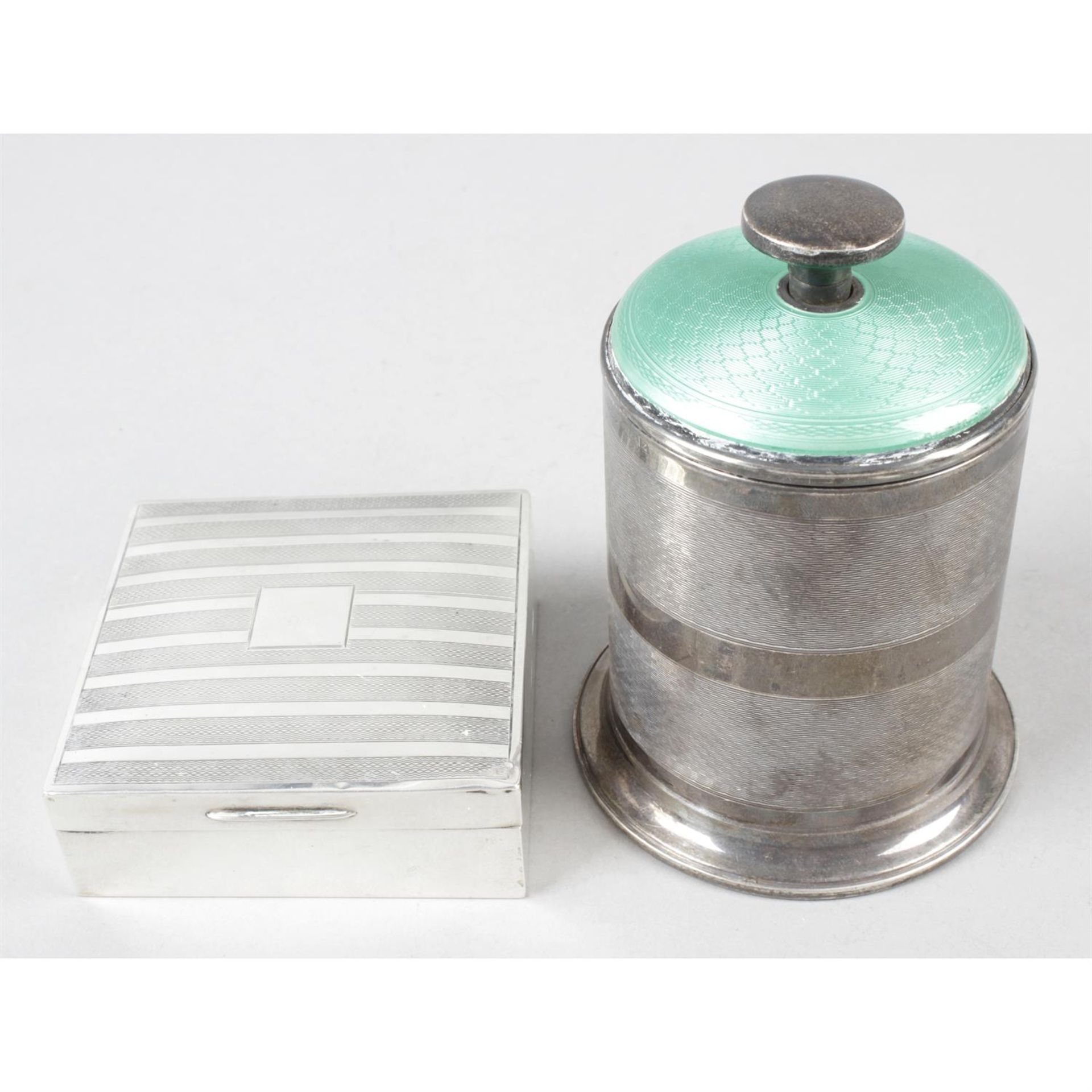 A mid-20th century silver mounted & enamel table cigarette dispenser, together with a small silver