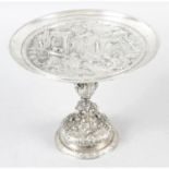 A silver plated tazza dish, together with an Elkington candlestick & a further figural centrepiece