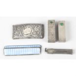 Two Italian lipstick cases, a small retractable manicure set, an enamel comb & a silver card case