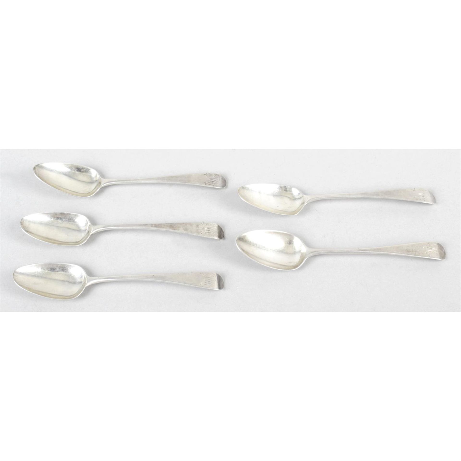 Five George III silver Old English pattern teaspoons, together with a set of six Edwardian silver