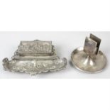 A selection of silver plated items, to include a range of desk accessories and wax jack. (5)