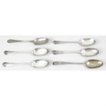 A George I Britannia silver Dog Nose table spoon, together with five other Georgian silver table