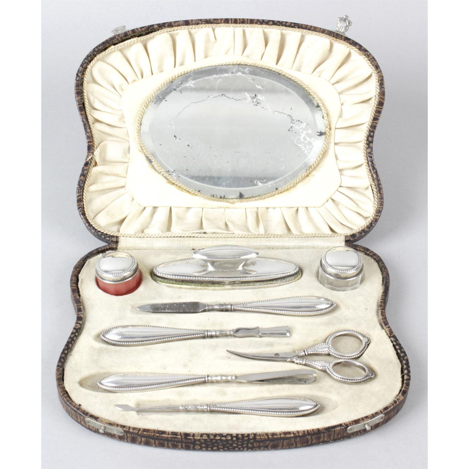 A cased Edwardian silver and silver mounted dressing table set by Walker & Hall; together with a - Image 5 of 6