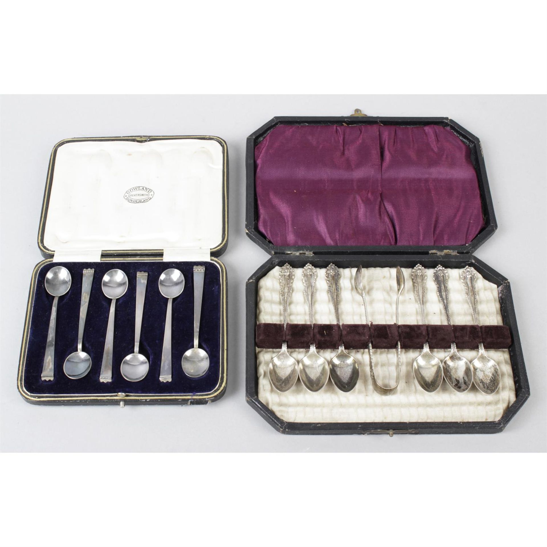 A 1930's cased set of twelve silver teaspoons & a pair of sugar tongs, together with a similar - Image 3 of 5