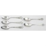Five Tiffany & Co sterling silver teaspoons, in Persian pattern.