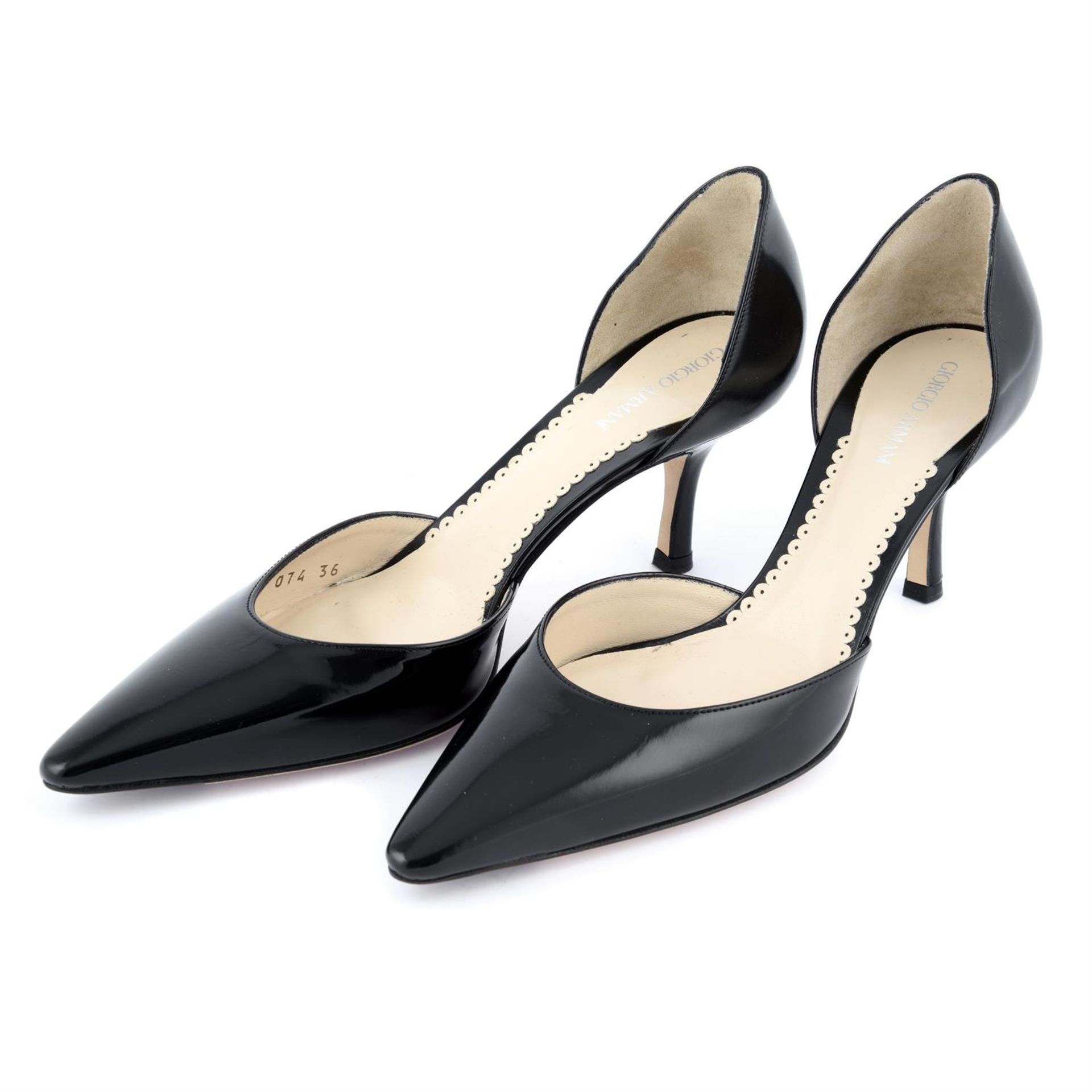 ARMANI - a pair of black patent leather kitten heels.