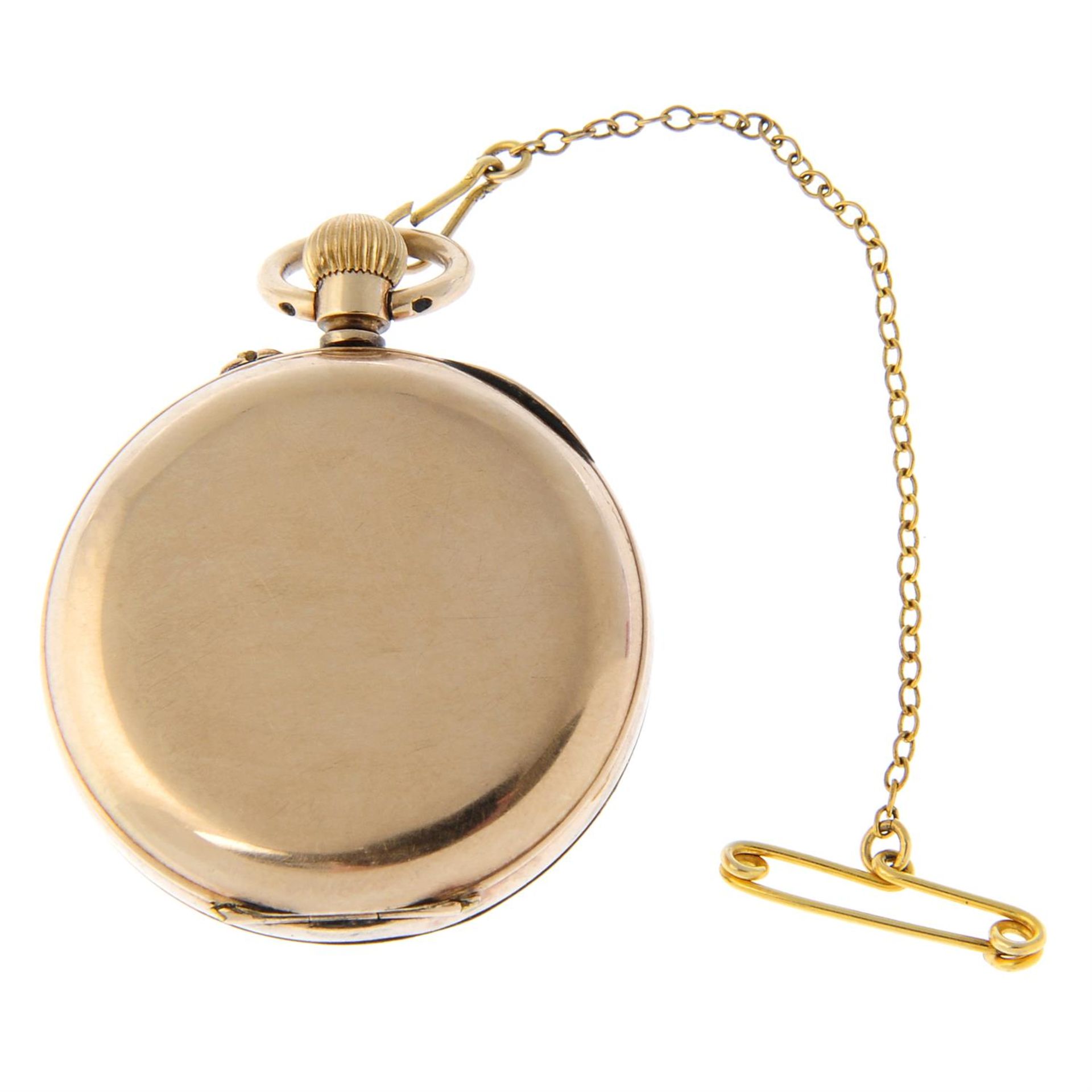 A 9ct yellow gold open face fob watch (30mm) with yellow metal chain and pin. - Image 2 of 2