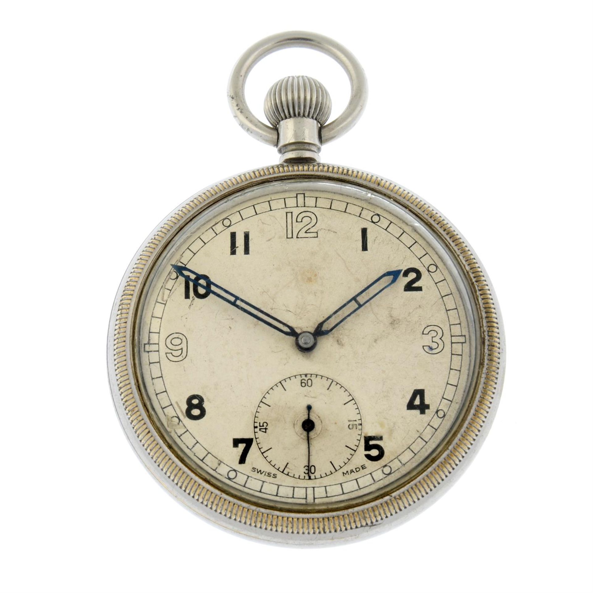 A chrome plated military issue open face pocket watch (52mm) with another military issue pocket
