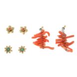 Three pairs of 9ct gold gem-set earrings.