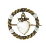 A late 19th century heart-shape moonstone rope-twist wreath brooch, with seed pearl,