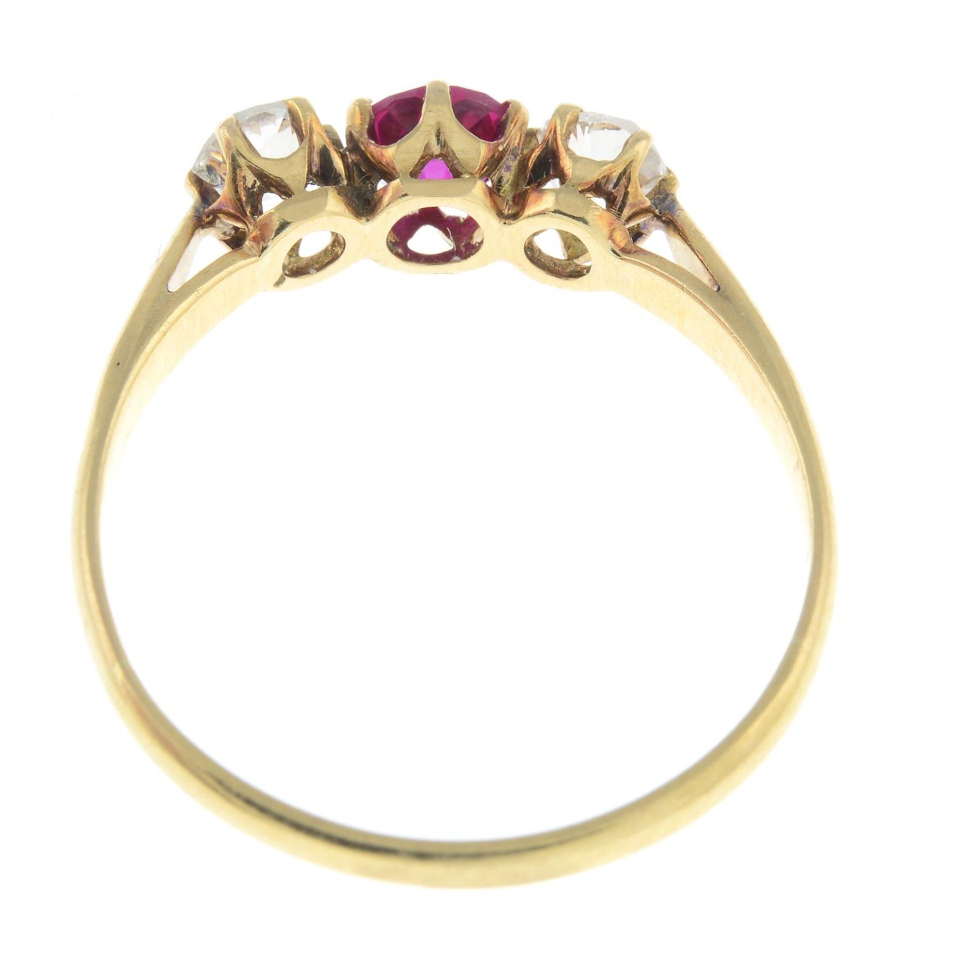 A synthetic ruby and old-cut diamond three-stone ring. - Image 2 of 2