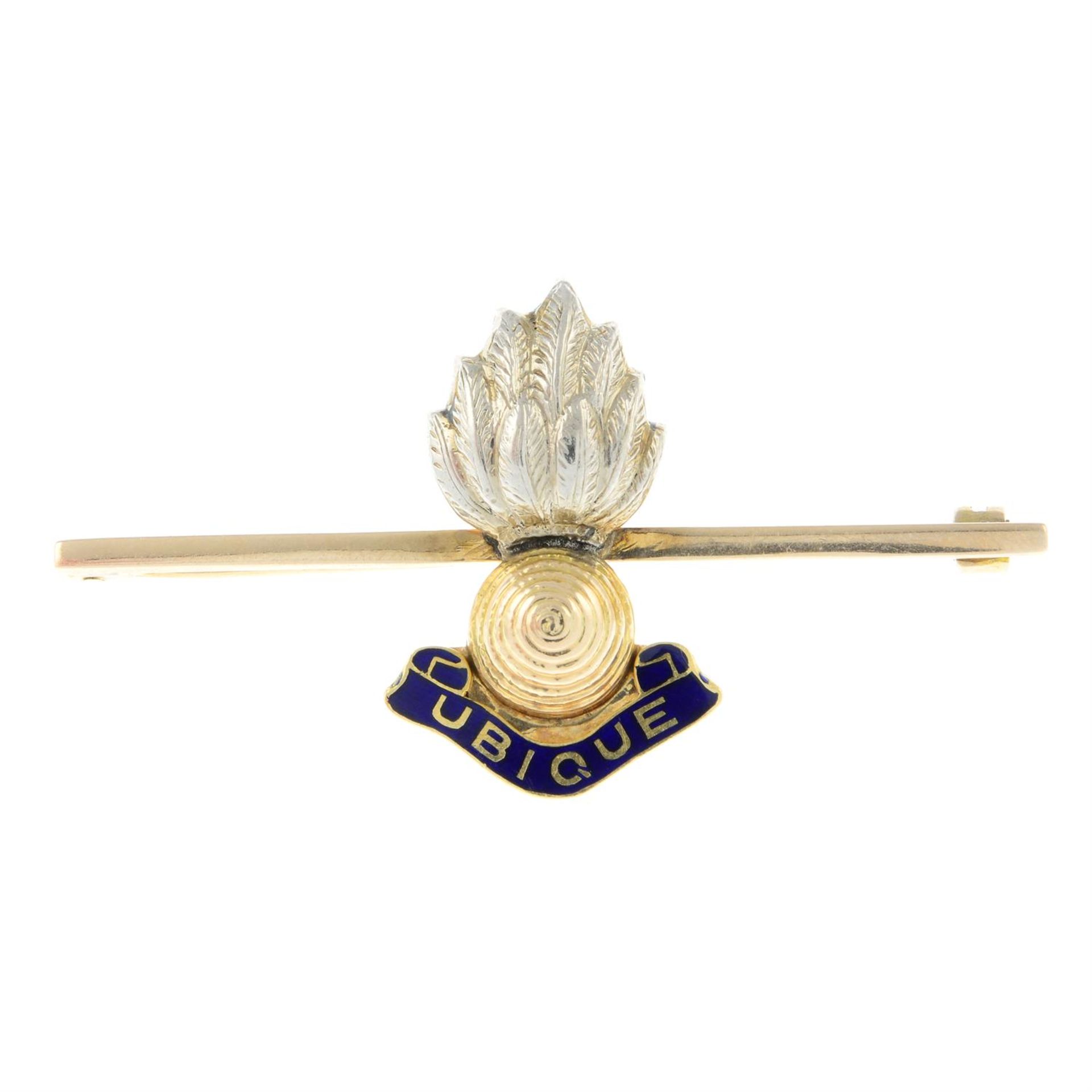 A Royal Engineers regimental brooch, with blue enamel banner.