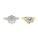 An 18ct gold diamond cluster ring and a diamond two-stone ring.