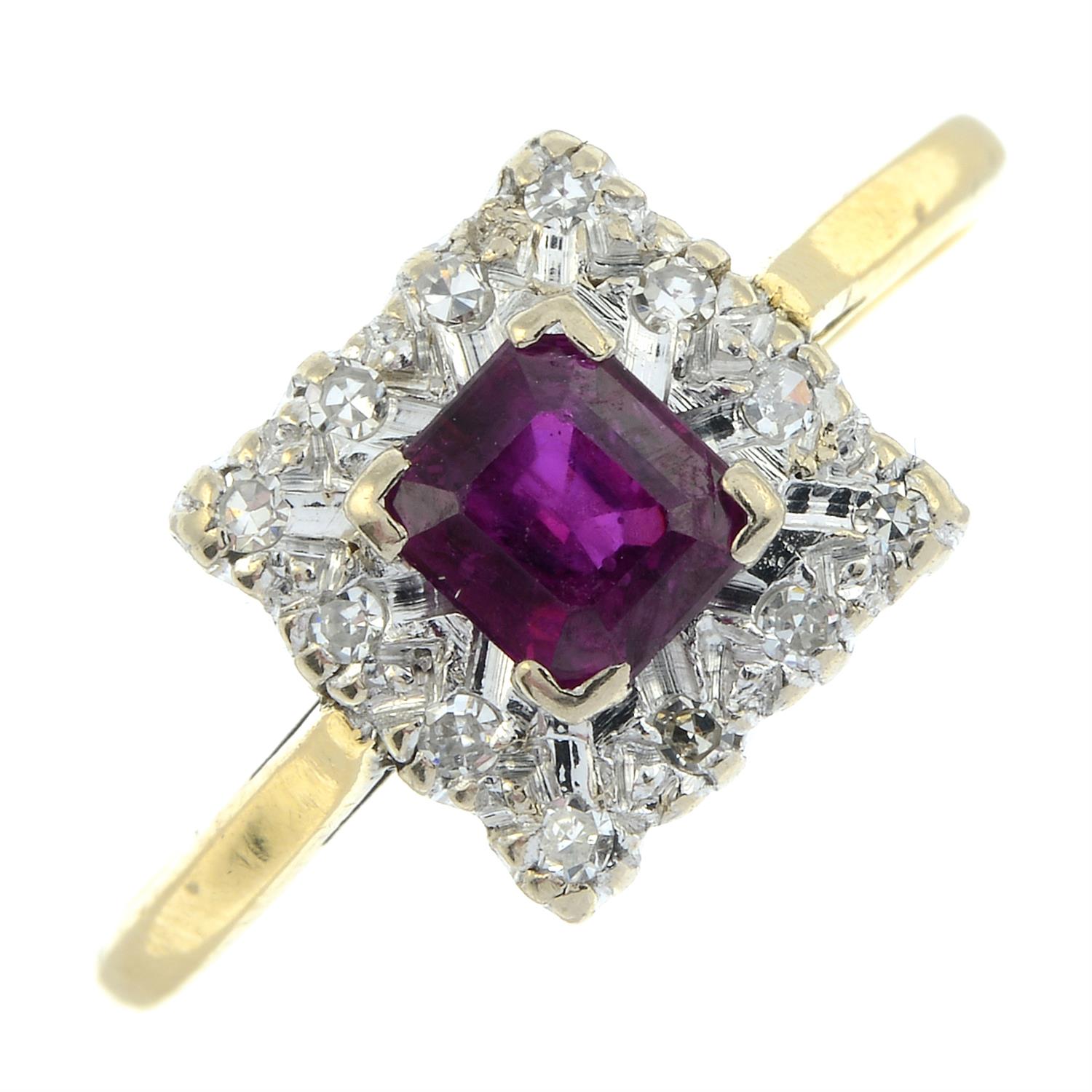 An 18ct gold ruby and diamond square-shape cluster ring.