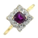 An 18ct gold ruby and diamond square-shape cluster ring.