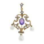 An early 20th century 14ct gold amethyst, cultured pearl and split pearl pendant.