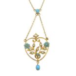 An early 20th century 15ct gold turquoise and split pearl necklace