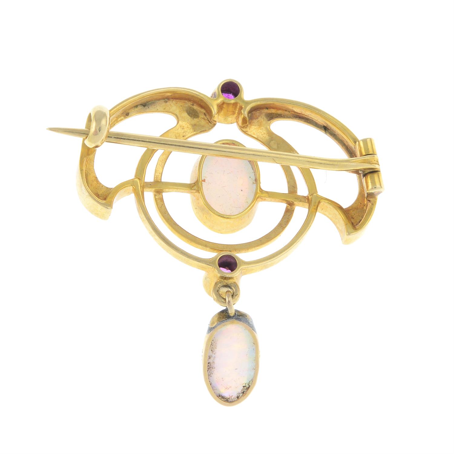 An Art Nouveau 15ct gold opal and ruby brooch, by Murrle Bennett & Co. - Image 2 of 2