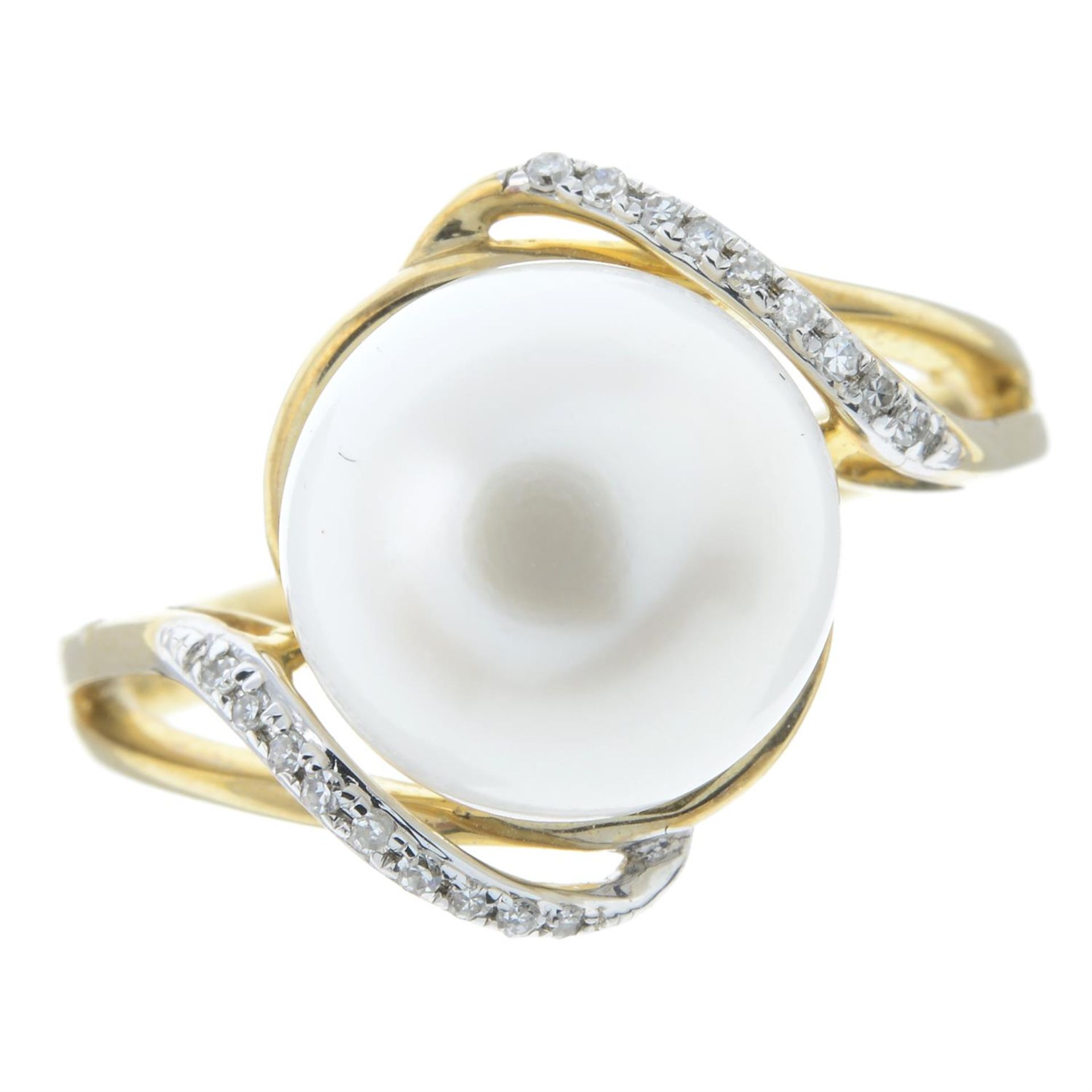 A 9ct gold cultured pearl and diamond ring.