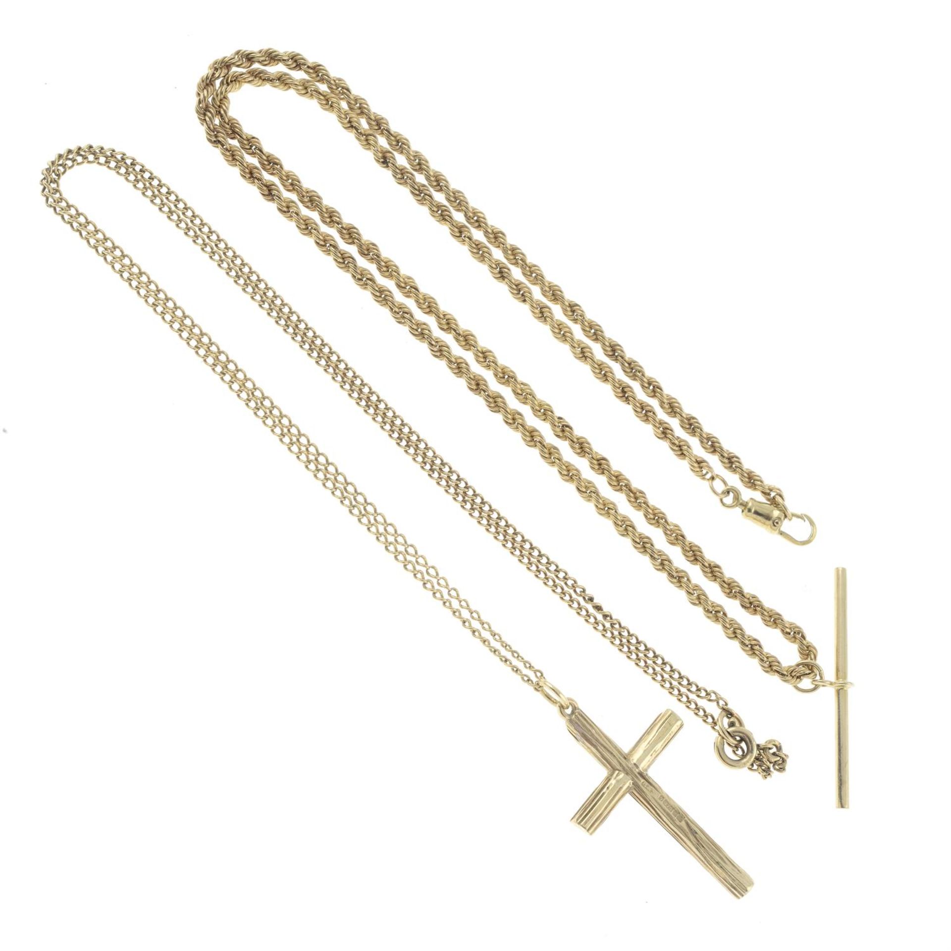 A 9ct gold cross pendant, with chain and a 9ct gold T-bar pendant, with chain. - Bild 2 aus 2