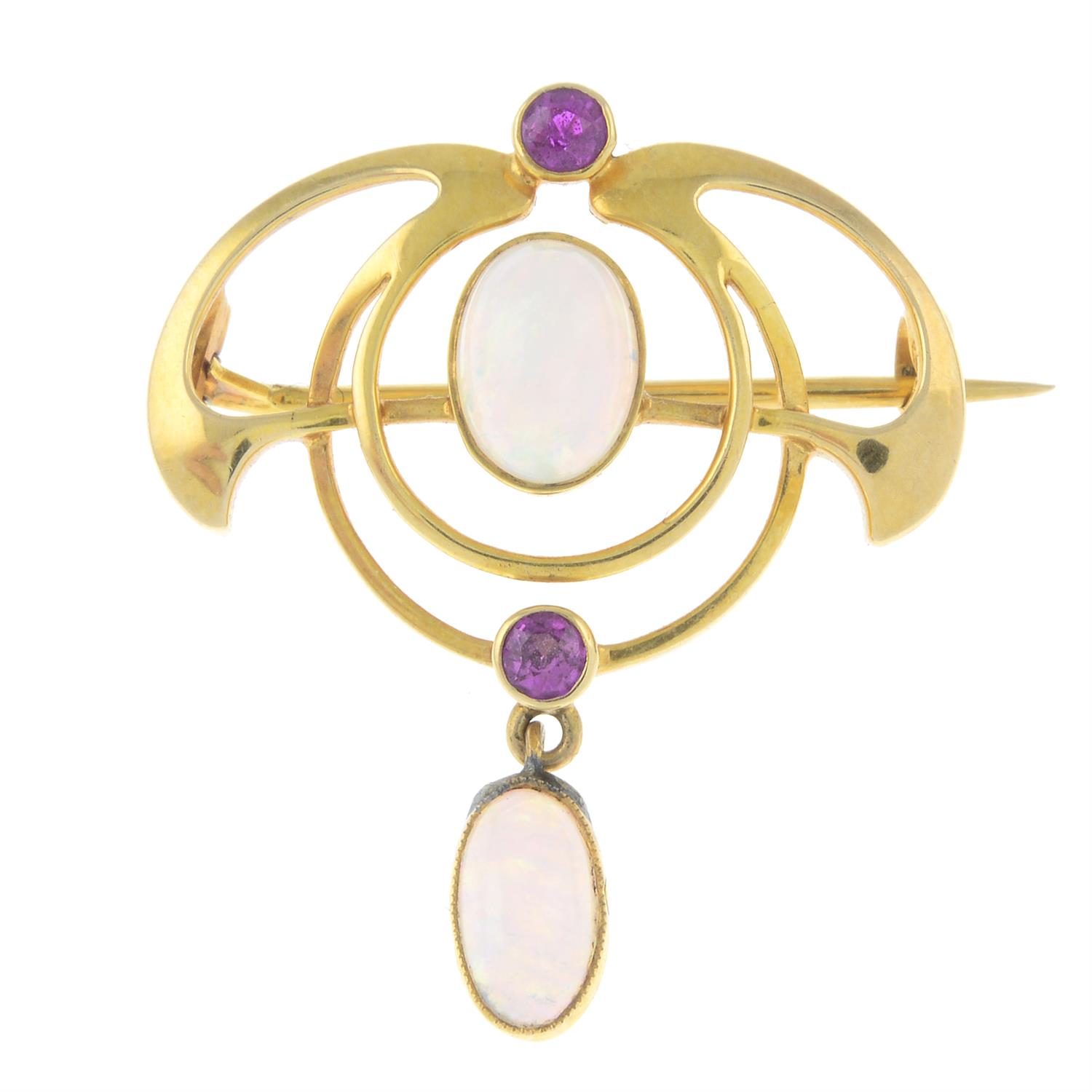 An Art Nouveau 15ct gold opal and ruby brooch, by Murrle Bennett & Co.