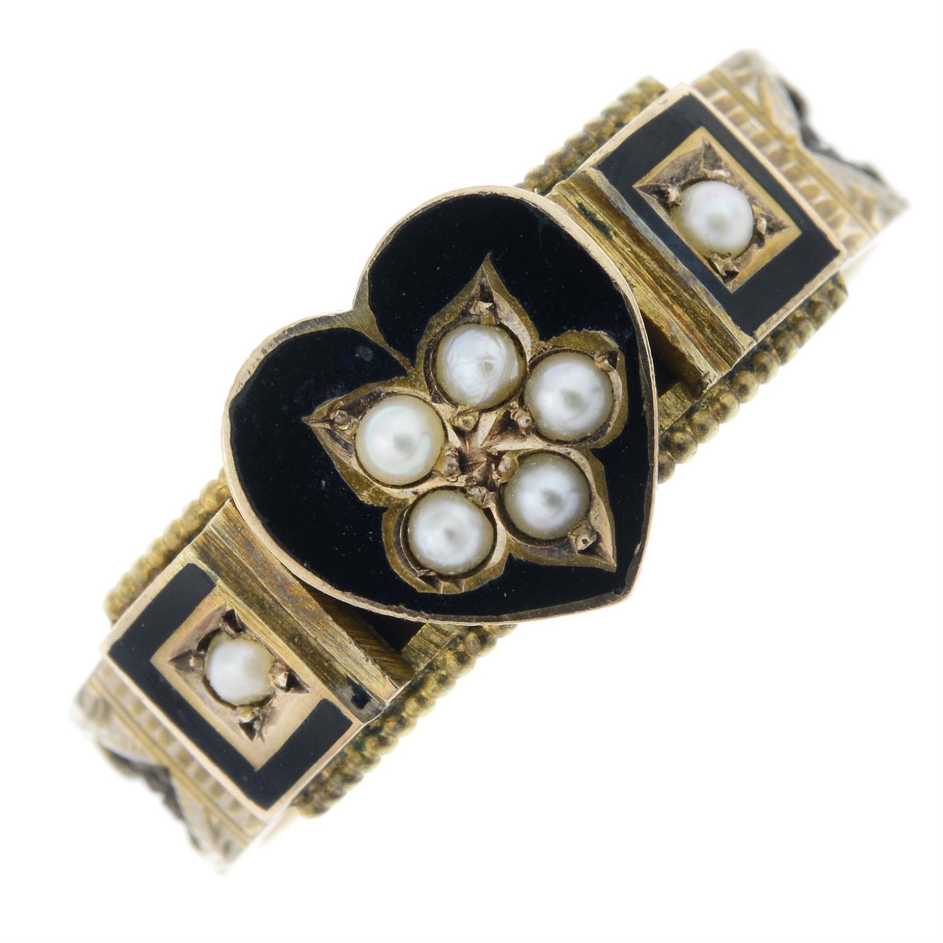 A Victorian 9ct gold enamel and split pearl mourning ring.