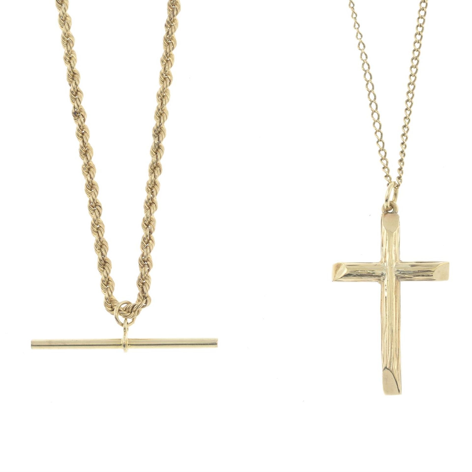 A 9ct gold cross pendant, with chain and a 9ct gold T-bar pendant, with chain.