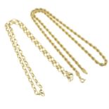 A 9ct gold rope chain together with a belcher chain necklace.