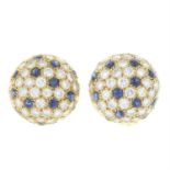 A pair of pavé-set sapphire and diamond bombe earrings, by Cartier.