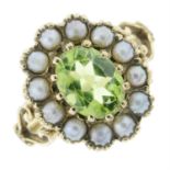 A 9ct peridot split pearl cluster ring.