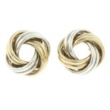 A pair of 9ct gold tri-colour knot earrings.