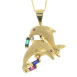 A gem-set dolphin pendant, with 18ct gold chain.