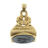 A 9ct gold onyx intaglio fob/ pendant.