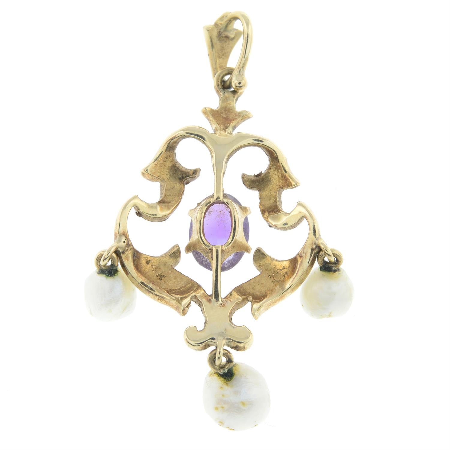 An early 20th century 14ct gold amethyst, cultured pearl and split pearl pendant. - Image 2 of 2