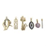 Four 9ct gold gem-set pendants and two gem-set cat pendants.