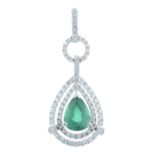 An emerald and diamond pear-shape drop pendant.