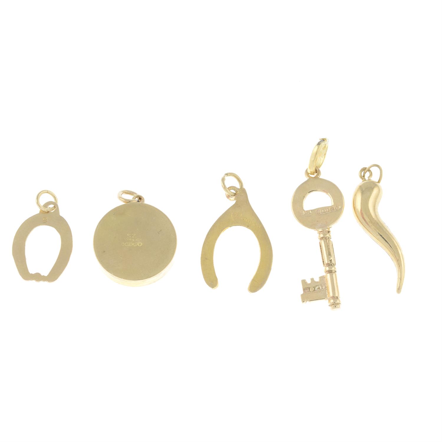 Five charms, to include a 9ct gold 21st birthday key. - Image 2 of 2
